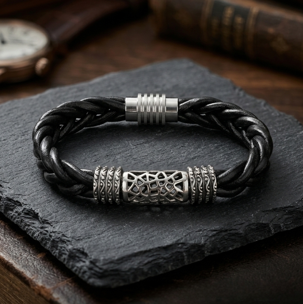 Men’s Braided Black Leather & Polished Silvertone Statement Bracelet – 9"